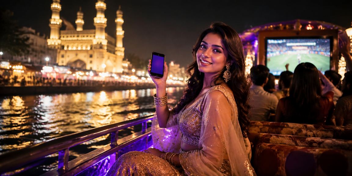 Hyderabad urban landscape with mobile payment and cricket focus
