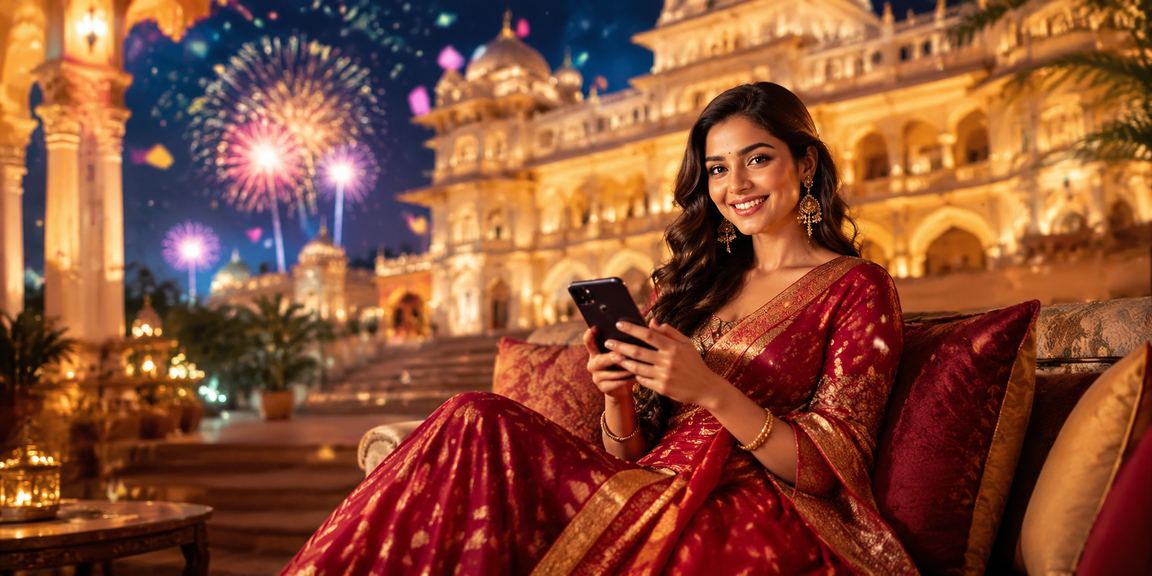 Indian woman enjoying live casino games on smartphone in traditional attire